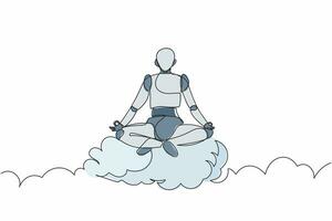 enkele doorlopende lijntekening robot mediteert en rust in yoga-positie op wolken. moderne robot kunstmatige intelligentie. elektronische technologie-industrie. één lijn tekenen ontwerp vectorillustratie vector