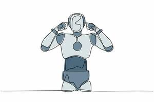 doorlopend een lijn tekening robot staand met aan het bedekken oren met vingers en geërgerd uitdrukking voor lawaai van luid geluid of muziek. humanoid robot organisme. single lijn trek ontwerp vector illustratie