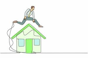 single doorlopend lijn tekening zakenman jumping over- huis. behuizing lening of echt landgoed investering. hypotheek overeenkomst naar bank. schuld verplichting. een lijn trek grafisch ontwerp vector illustratie