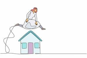 single een lijn tekening Arabisch zakenman jumping over- huis. schuld verplichting behuizing lening. hypotheek overeenkomst naar bank. investering in eigendom bedrijf. doorlopend lijn trek ontwerp vector illustratie