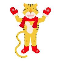 moderne heldere tijger vectorillustratie op witte achtergrond. vector chinese tijger staande met sjaal en wanten. platte cartoonstijl.