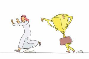 single een lijn tekening ongelukkig Arabisch zakenman wezen achtervolgd door trofee. mislukt met bedrijf doelen. mislukt bedrijf zege. minimaal metafoor. doorlopend lijn ontwerp grafisch vector illustratie