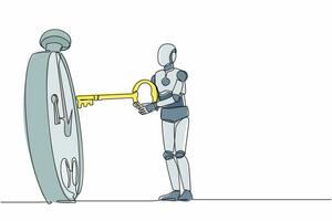 single doorlopend lijn tekening robot zetten groot sleutel in stopwatch. effectief planning voor productief werk. modern robot kunstmatig intelligentie. een lijn trek grafisch ontwerp vector illustratie