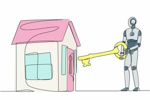 single doorlopend lijn tekening robot zetten groot sleutel in huis. investeren geld in echt landgoed. huis lening, eigendom hypotheek. robot kunstmatig intelligentie. een lijn trek ontwerp vector illustratie