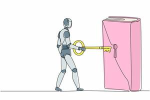 single een lijn tekening robot zetten groot sleutel in boek. ontgrendelen leerboek, kennis. bibliotheek. sleutel naar nieuw informatie. toekomst technologie ontwikkeling. doorlopend lijn ontwerp grafisch vector illustratie