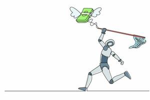 single doorlopend lijn tekening robot proberen naar vangen vliegend geld stapels met vlinder netto. begroting uitgaven, Bill uitgaven. elektronisch technologie industrie. een lijn grafisch ontwerp vector illustratie