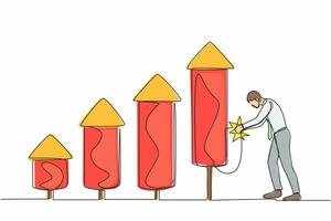 doorlopend een lijn tekening slim zakenman ontbranden vuurwerk raket bar diagram naar toenemen bedrijf groei. toenemen bedrijf, boost investering winst. single lijn trek ontwerp vector grafisch illustratie