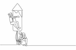 single doorlopend lijn tekening zakenman ontsteekt een vuurwerk raket terwijl zijn teamgenoten bereiden naar vlieg Aan de raket. bedrijf motivatie metafoor. een lijn trek grafisch ontwerp vector illustratie