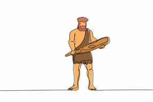 doorlopend een lijn tekening oude holbewoner Holding groot houten club of knuppel. prehistorisch gebaard Mens gekleed in dier vacht. neanderthaler jager. single lijn trek ontwerp vector grafisch illustratie