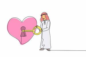 single doorlopend lijn tekening Arabisch zakenman zetten groot sleutel in hart. mannetje minnaar proberen naar ontgrendelen vrouw hart. metafoor liefde, huwelijk uitnodiging. een lijn trek grafisch ontwerp vector illustratie