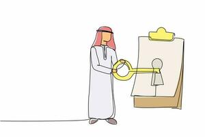 single doorlopend lijn tekening Arabisch zakenman zetten groot sleutel in klembord. digitaal document of contract voor veiligheid bescherming privacy met papier. een lijn trek grafisch ontwerp vector illustratie