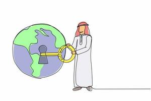 doorlopend een lijn tekening Arabisch zakenman zetten groot sleutel in wereldbol. globaal opwarming alarm voor mensen in de omgeving van de wereld. veiligheid en gegevens veiligheid. single lijn grafisch ontwerp vector illustratie