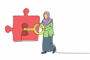 single een lijn tekening Arabisch zakenvrouw zetten sleutel in puzzel deel. vennootschap of samenwerking in bedrijf project. samenspel oplossen ingewikkeld taak. doorlopend lijn trek ontwerp vector illustratie