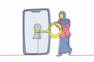 single een lijn tekening Arabisch zakenvrouw zetten sleutel in smartphone. ontgrendelen scherm bescherming. privacy voor beschermen internet gebruiker. wachtwoord veiligheid systeem. doorlopend lijn ontwerp vector illustratie