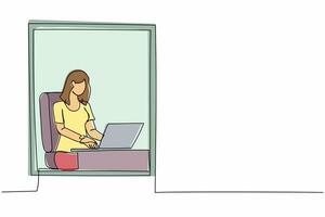single een lijn tekening jong vrouw werken van huis in de buurt venster met laptop. actief zakenvrouw zittend Bij bureau. afgelegen werk of huis kantoor. doorlopend lijn trek ontwerp grafisch vector illustratie