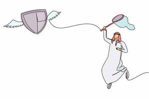 doorlopend een lijn tekening Arabisch zakenman proberen naar vangen vliegend schild met vlinder netto. verliezende gezondheidszorg verzekering begroting. bedrijf metafoor. single lijn ontwerp vector grafisch illustratie
