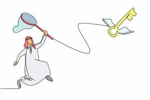 doorlopend een lijn tekening Arabisch zakenman proberen naar vangen vliegend sleutel met vlinder netto. verloren de sleutel naar succes in carrière. bedrijf metafoor. single lijn trek ontwerp vector grafisch illustratie