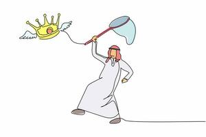 single doorlopend lijn tekening Arabisch zakenman proberen naar vangen vliegend kroon met vlinder netto. mislukt naar controle de bedrijf rijk. bedrijf metafoor. een lijn grafisch ontwerp vector illustratie