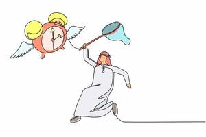 single doorlopend lijn tekening Arabisch zakenman proberen naar vangen vliegend alarm klok met vlinder netto. mislukt naar compleet werk termijnen. bedrijf metafoor. een lijn grafisch ontwerp vector illustratie