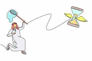 single doorlopend lijn tekening Arabisch zakenman proberen naar vangen vliegend zandloper met vlinder netto. mislukt naar compleet project doelstellingen. bedrijf metafoor. een lijn trek ontwerp vector illustratie
