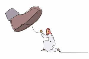 single doorlopend lijn tekening actief Arabisch zakenman knielen naar beneden onder groot voet. mannetje manager onder tirannie, dictatuur, autoritair. minimalisme metafoor. een lijn trek ontwerp vector illustratie