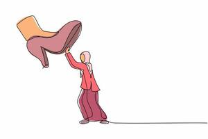 single een lijn tekening jong Arabisch zakenvrouw tegen reusachtig schoenen stampen. vrouw werknemer Duwen tegen reusachtig voet stap. minimaal metafoor. doorlopend lijn trek ontwerp grafisch vector illustratie
