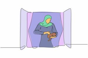 single een lijn tekening Arabisch vrouw Holding kat en op zoek door venster. blijven huis en Speel met haar huisdier. blijven veilig gedurende pandemie. coronavirus. doorlopend lijn ontwerp grafisch vector illustratie