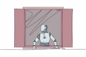 single een lijn tekening nieuwsgierig robot op zoek buiten venster. robot met een fabriek aan het kijken uit de venster. kunstmatig intelligentie. technologie industrie. doorlopend lijn trek ontwerp vector illustratie