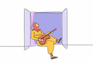 doorlopend een lijn tekening Arabisch vrouw zittend Aan vensterbank en spelen akoestisch gitaar. rust uit, blijven Bij huis, melancholisch, ontspanning, comfort, romantisch. single lijn trek ontwerp vector illustratie