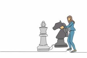 single een lijn tekening zakenvrouw Holding paard schaak stuk naar ritme koning schaken. bedrijf ontwikkeling strategie, winnend wedstrijd, tactiek in spel. doorlopend lijn trek ontwerp vector illustratie