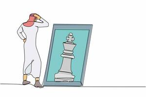 doorlopend een lijn tekening Arabisch zakenman staand in voorkant van spiegel, reflecterend schaak koning. metafoor van vertrouwen. succes bedrijf, mogelijkheden. single lijn ontwerp vector grafisch illustratie
