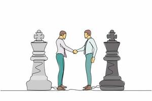 single doorlopend lijn tekening twee zakenlieden beven handen samen terwijl staand tussen van koning schaak stukken. ondernemer leider metafoor van overeenkomst. een lijn trek ontwerp vector illustratie