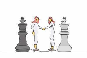 doorlopend een lijn tekening twee Arabisch zakenlieden beven handen samen terwijl staand tussen van koning schaak stukken. overeenkomst of vennootschap beslissing. single lijn ontwerp vector grafisch illustratie
