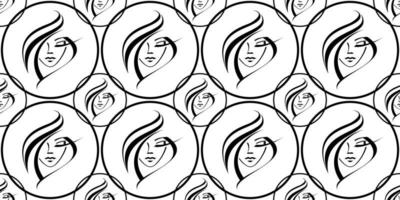 gezicht van een jong meisje-logo. vrouw gezicht in een cirkel. schoonheidssalon - naadloze vector achtergrond. cosmetologie, kapsel