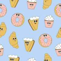 naadloos patroon van groovy taart, croissant, donut en koekje. tekenfilm karakter in modieus retro stijl Aan blauw achtergrond vector