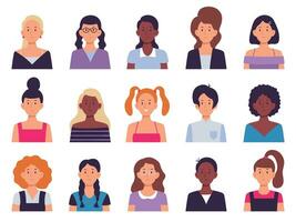 Dames avatar set. multinational meisjes portret met verschillend haar- stijl en kleren. mannetje en vrouw karakter gezichten. vector