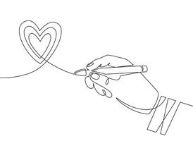 hand- pen en hart. doorlopend een lijn hand- tekening hart kattebelletje teken. minimaal schets liefde symbool, Valentijn grafisch vector concept