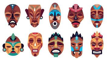 tribal masker. kleur Hawaii totem, ritueel of ceremonieel Afrikaanse, hawaiiaans of aztec maskers, exotisch traditioneel ritueel houten symbolen vector reeks