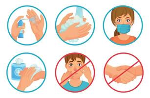 het voorkomen van coronavirus infectie. gebruik gezicht masker, ontsmettingsmiddel en wassen uw handen. niet tintje gezicht en Nee handdrukken, voorkomen SARS-CoV-2 vector illustratie reeks