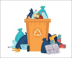 vol vuilnis bak. overlopend recycling houder met plastic Tassen en afval. vector recycle kan met stapel van plastic afval. straat dump