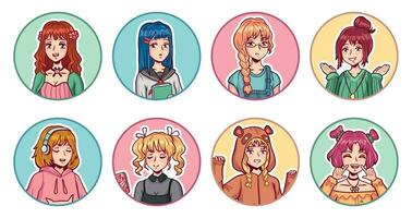 anime meisjes avatars. kleur portretten schattig manga vrouw tieners in divers kleren met verschillend emotioneel uitdrukkingen stickers vector reeks