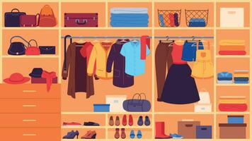 garderobe. binnenste ruimte kast, schappen en hangers met kleren, schoenen en accessoires, organisatie en opslagruimte kleding vlak vector reeks