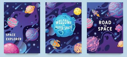 fantasie planeten kinderen affiches. veelkleurig kosmisch voorwerpen, ruimte heelal wereld ontwerp voor folder, tijdschrift, poster of boek Hoes vector reeks