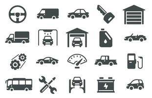 auto pictogrammen. voertuig silhouetten en onderhoud symbolen. Reserve onderdelen, auto reparatie en auto wassen ontwerp voor web, mobiel en ui tekens vector reeks