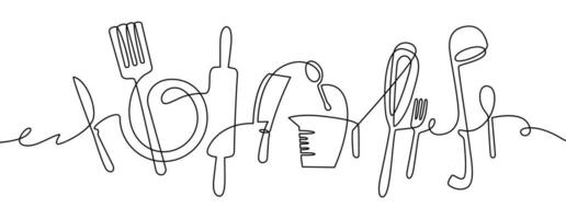 keuken hulpmiddelen. doorlopend een lijn tekening keuken gebruiksvoorwerpen, Koken gereedschap illustratie, zwart en wit schets bestek schetsen vector ontwerp