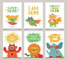 held dieren kaarten. schattig en pret kinderen super held dieren met capes, maskers en belettering groet citaten, tekenfilm vector kinderen posters reeks