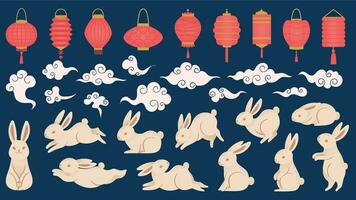 midden herfst konijnen. Chinese en Vietnamees traditioneel festival elementen in oosters stijl met lantaarns, wolken en grappig konijn vector reeks