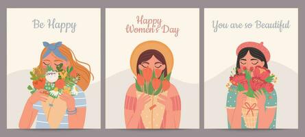 vrouw met bloem boeket. gelukkig Internationale vrouwen dag, valentijnsdag en moeders dagen. schoonheid meisjes en voorjaar boeketten vector kaart reeks