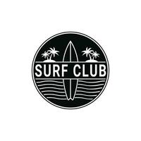 surfen club logo ontwerp idee met wijnoogst surfboard icoon, retro etiket cirkel vector