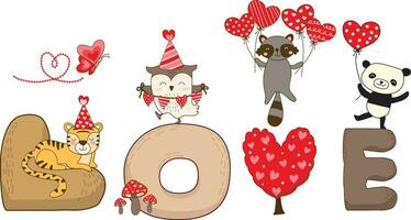 bos- Valentijn hart alfabet met schattig dieren hand- darw vector illustratie